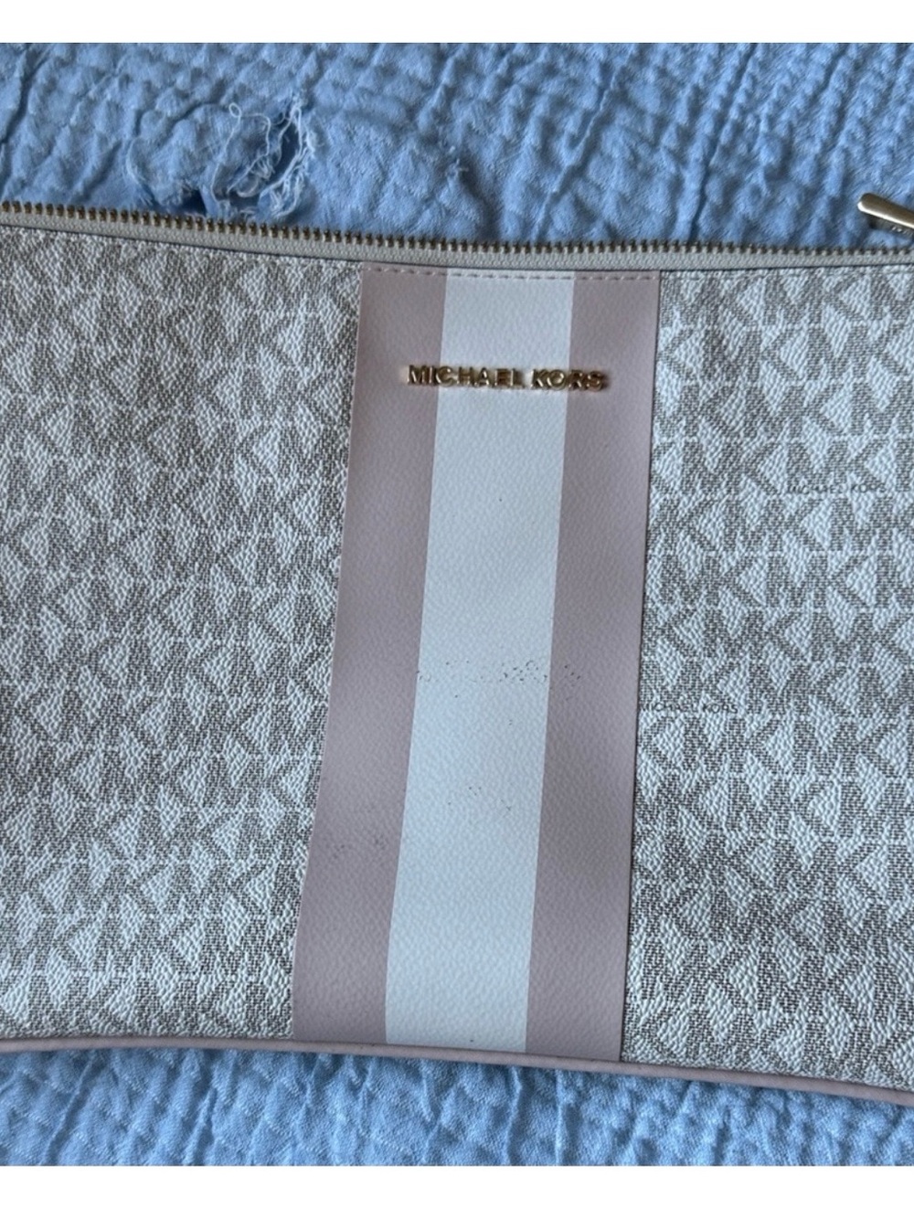 Michael Kors Pink and White Stripe Logo Pouch